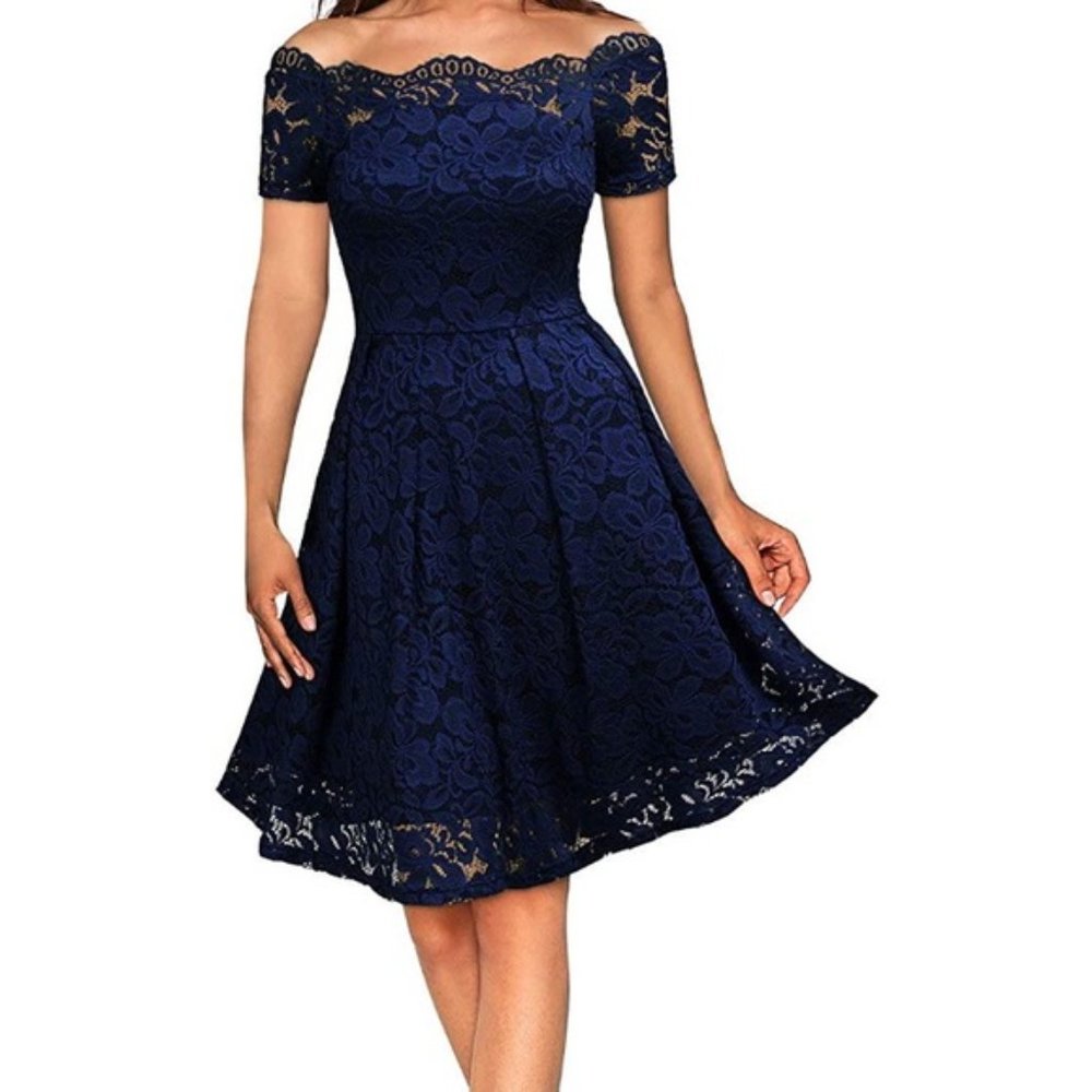 MISSMAY Blue Floral Lace Cocktail Swing Dress